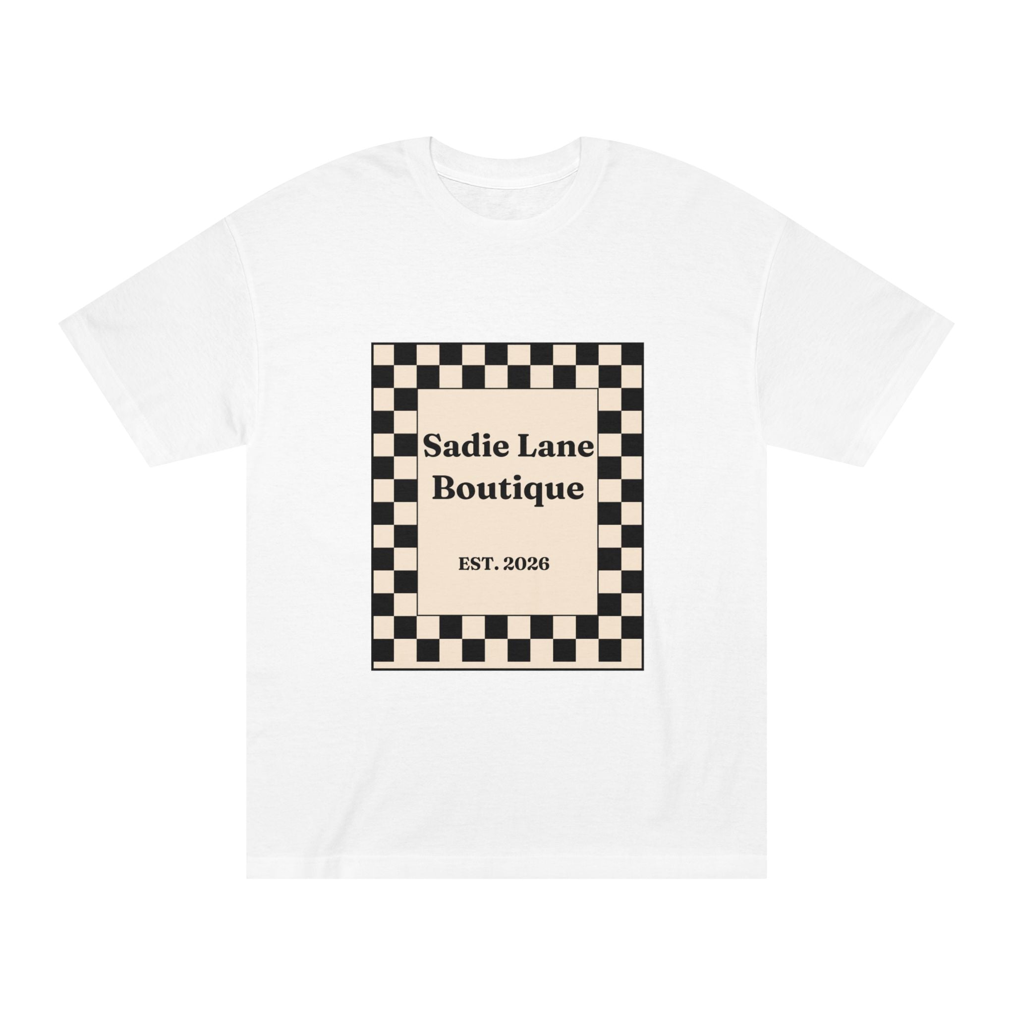 Boutique Checkerboard Tee — "Sadie Lane Boutique EST. 2026"