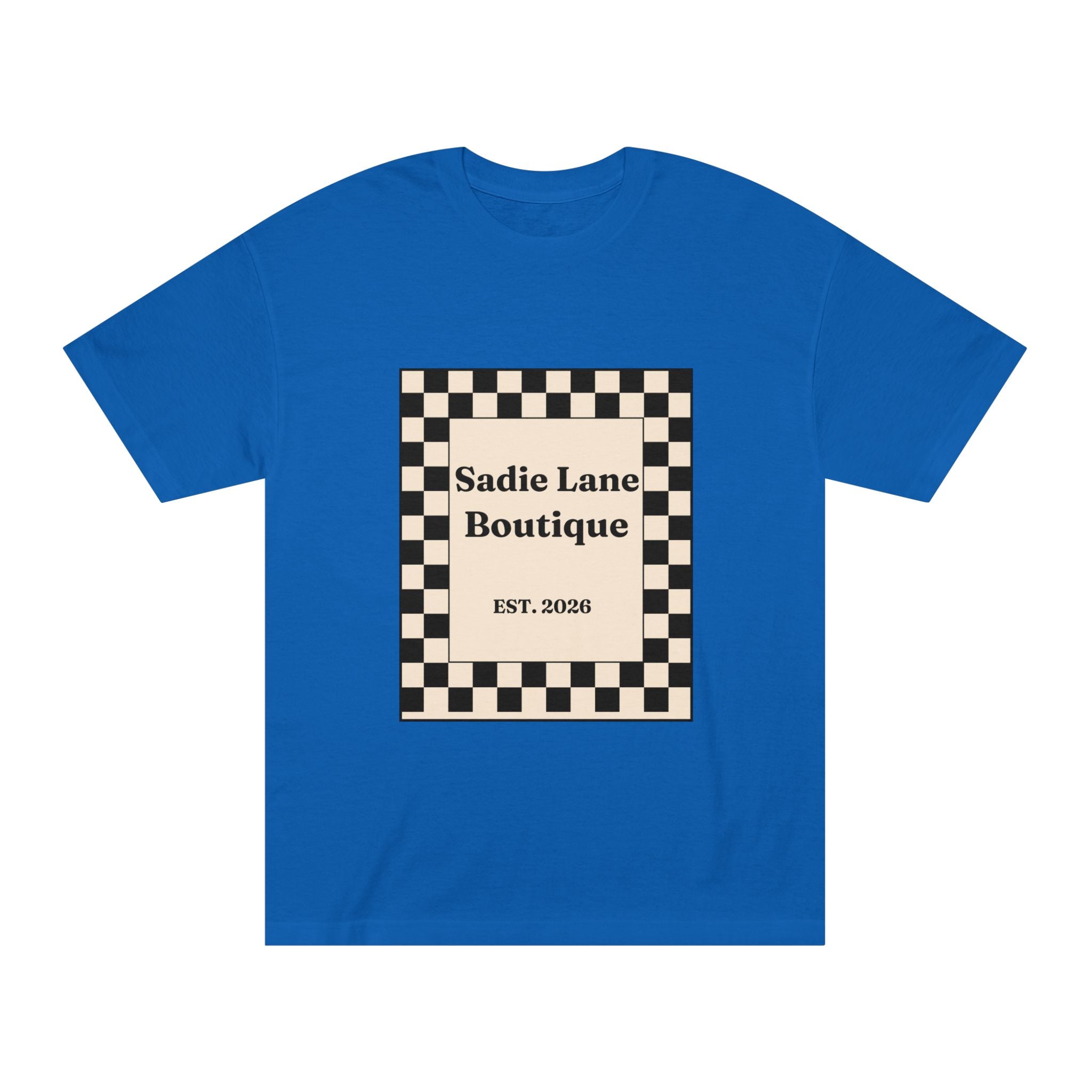 Boutique Checkerboard Tee — "Sadie Lane Boutique EST. 2026"