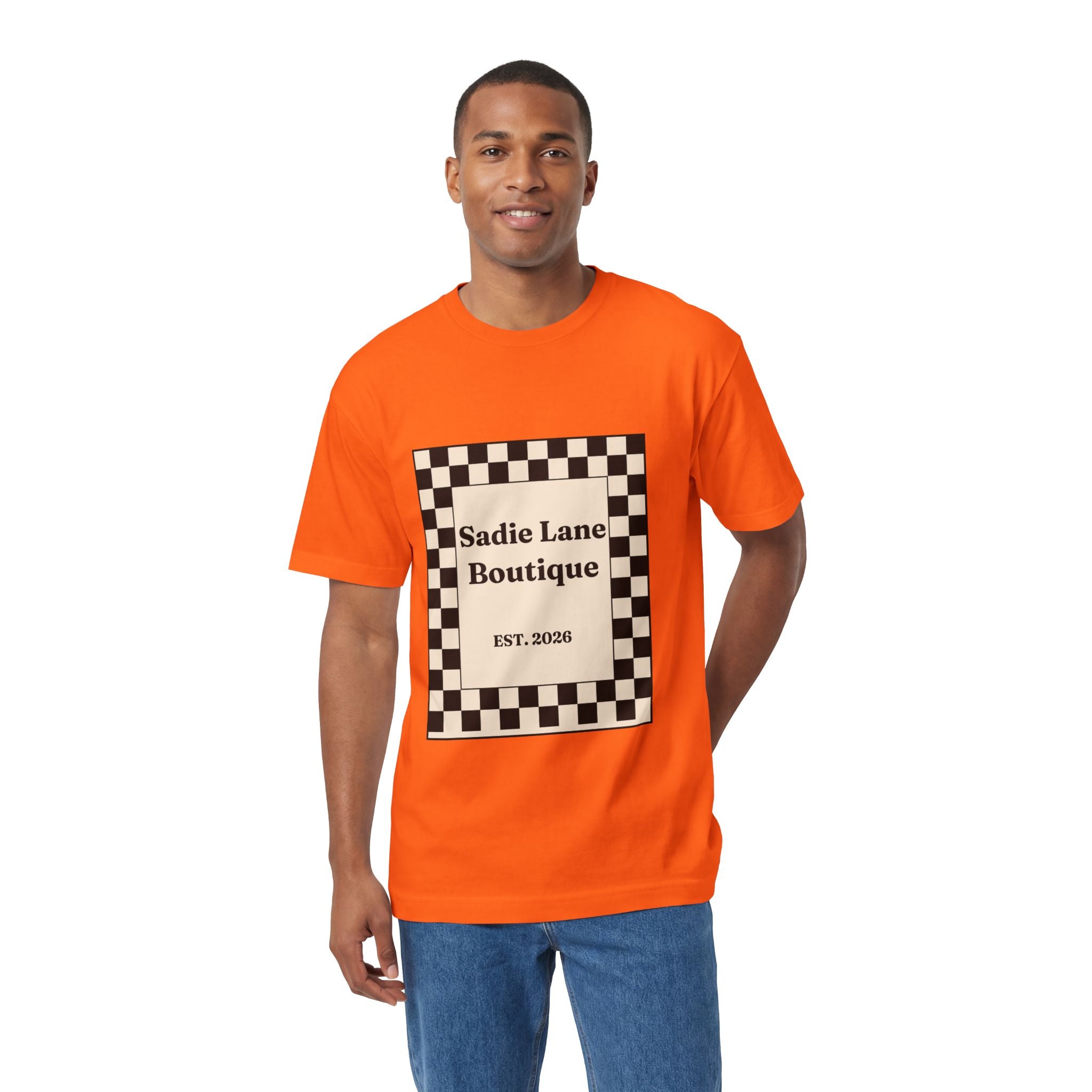 Boutique Checkerboard Tee — "Sadie Lane Boutique EST. 2026"