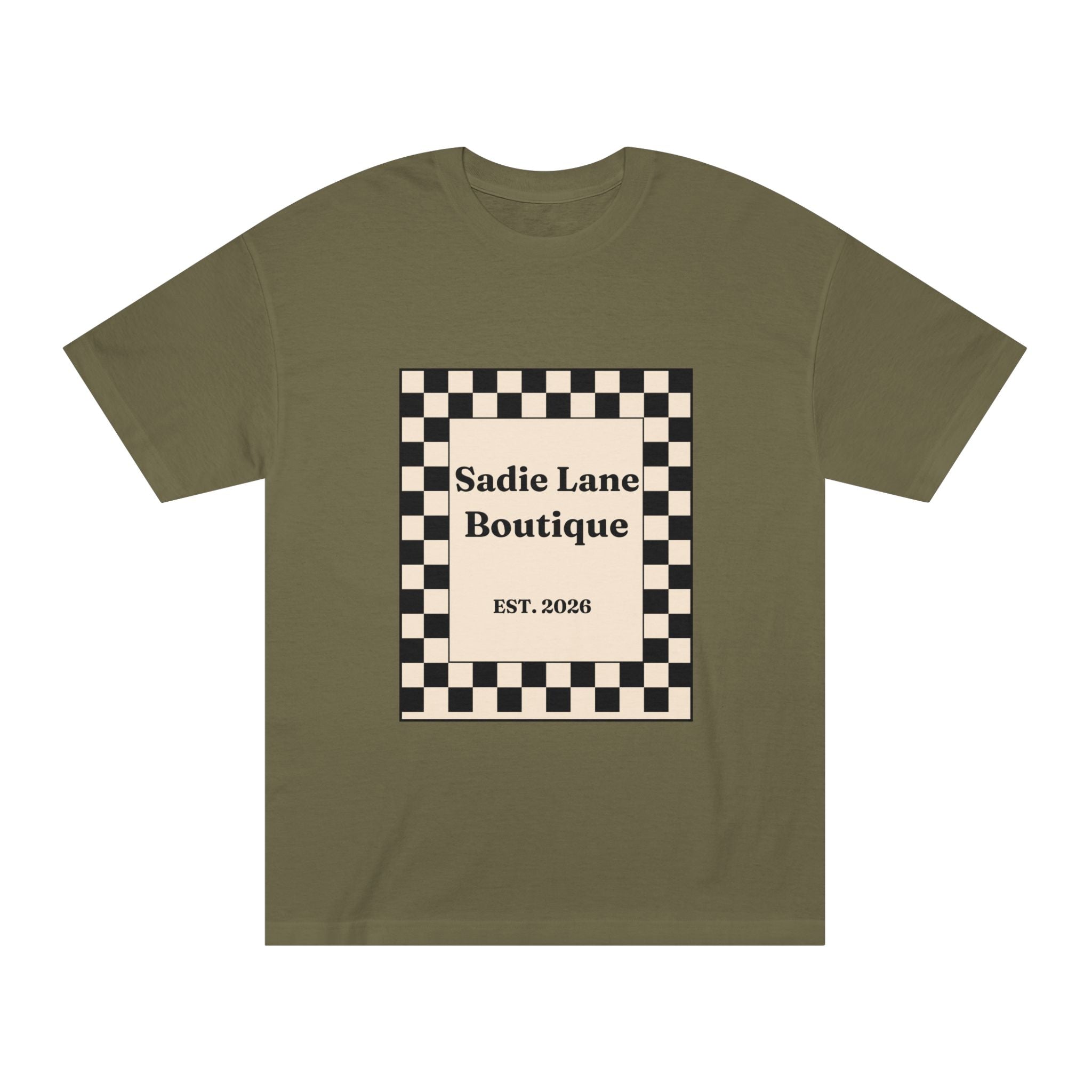 Boutique Checkerboard Tee — "Sadie Lane Boutique EST. 2026"