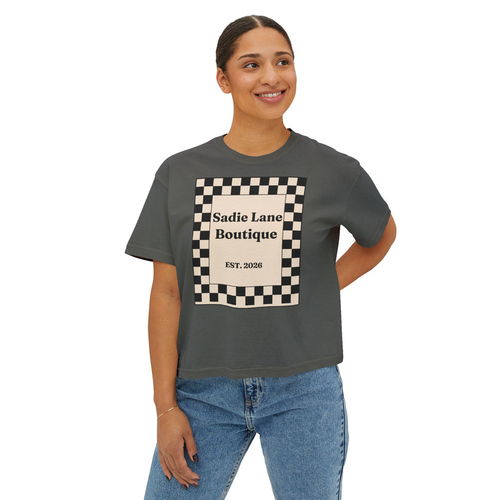 Sadie Lane Boutique Checkered Boxy Tee — Women’s Vintage Logo Crop Shirt