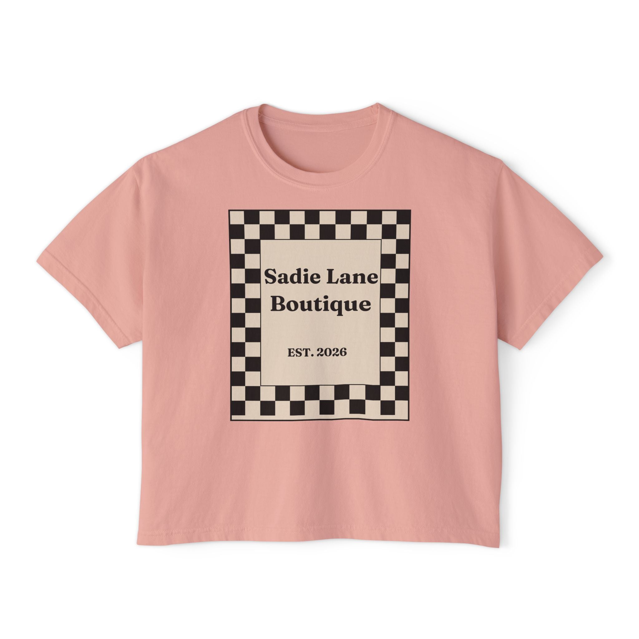 Sadie Lane Boutique Checkered Boxy Tee — Women’s Vintage Logo Crop Shirt