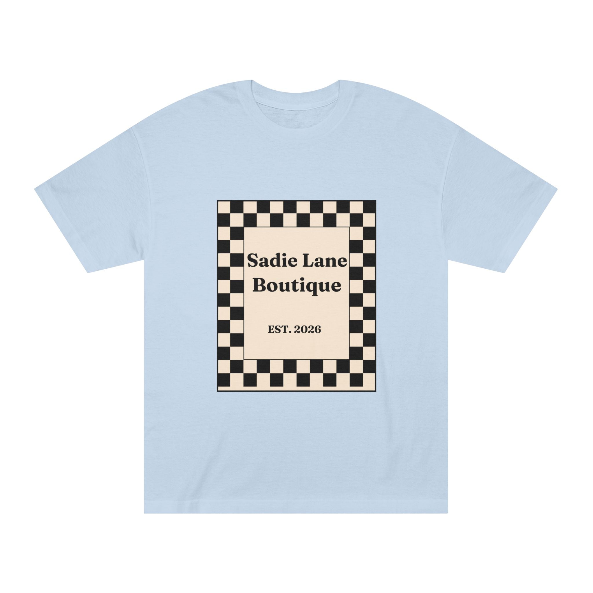 Boutique Checkerboard Tee — "Sadie Lane Boutique EST. 2026"