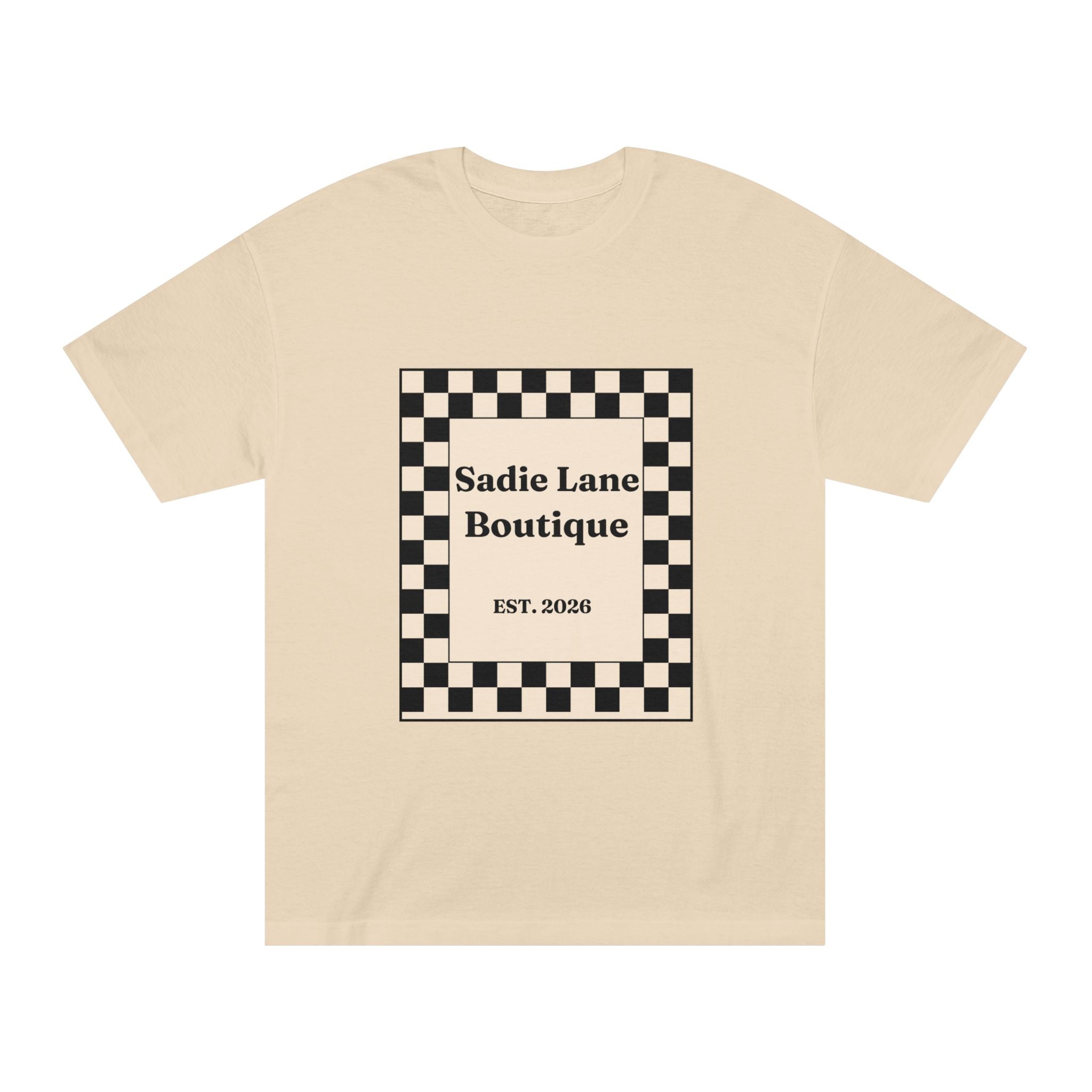 Boutique Checkerboard Tee — "Sadie Lane Boutique EST. 2026"