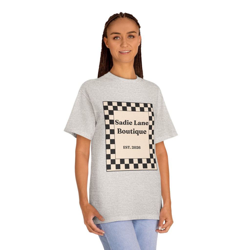 Boutique Checkerboard Tee — "Sadie Lane Boutique EST. 2026"