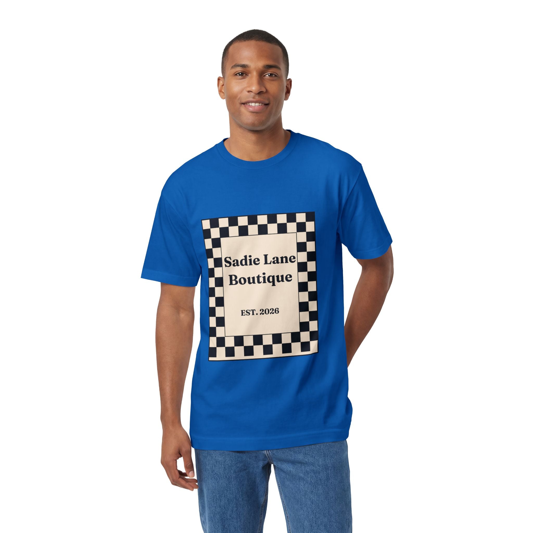 Boutique Checkerboard Tee — "Sadie Lane Boutique EST. 2026"