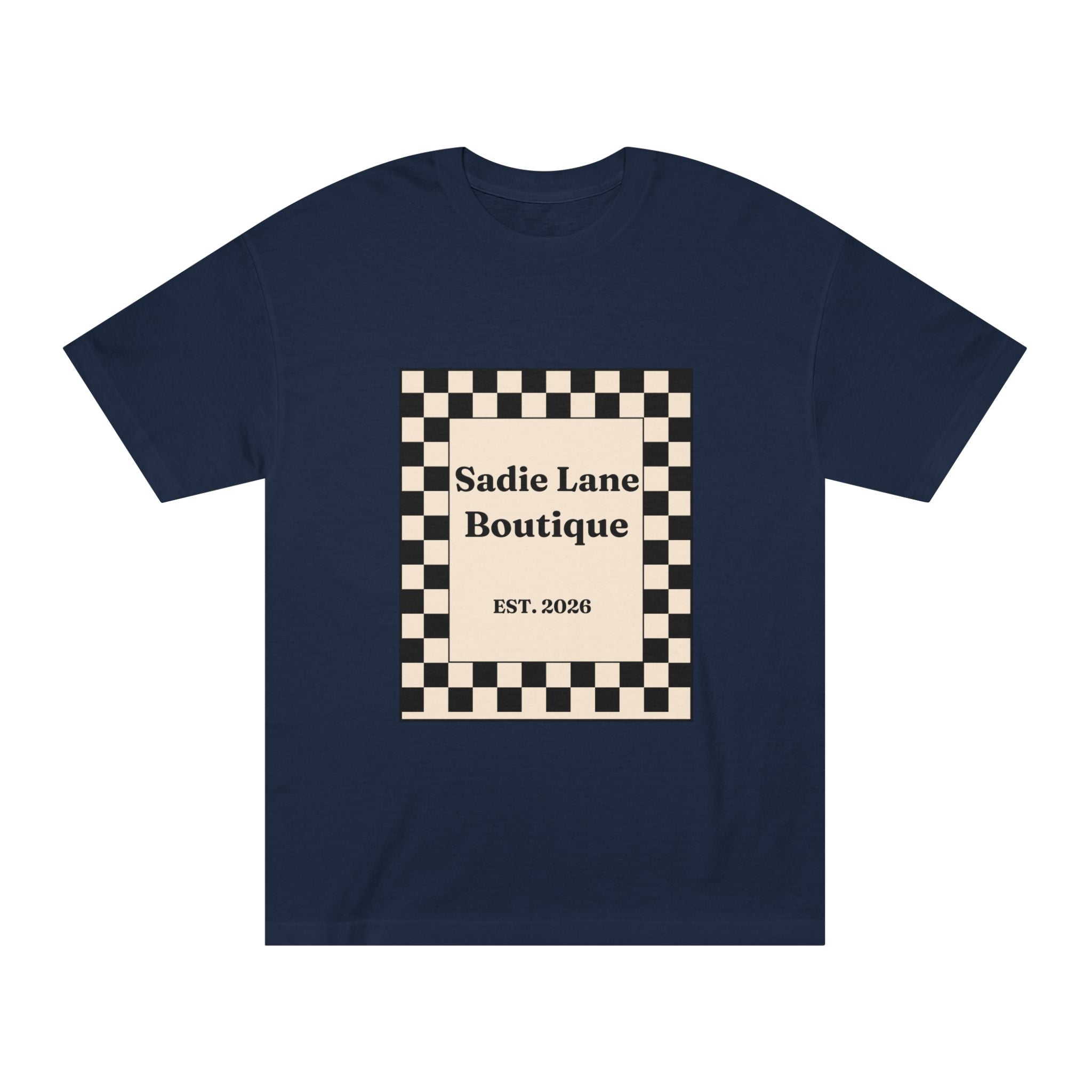 Boutique Checkerboard Tee — "Sadie Lane Boutique EST. 2026"