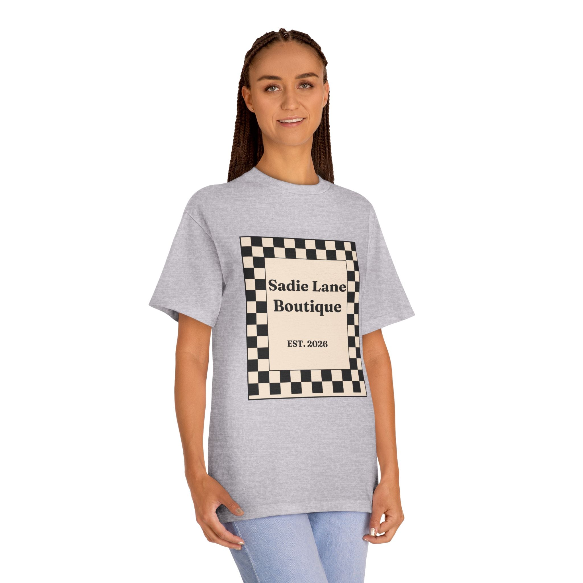 Boutique Checkerboard Tee — "Sadie Lane Boutique EST. 2026"