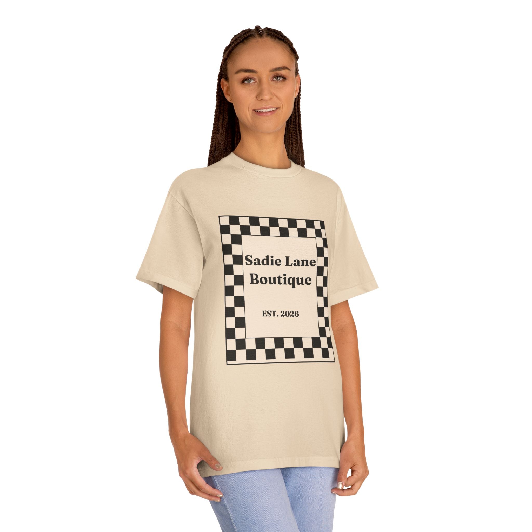 Boutique Checkerboard Tee — "Sadie Lane Boutique EST. 2026"