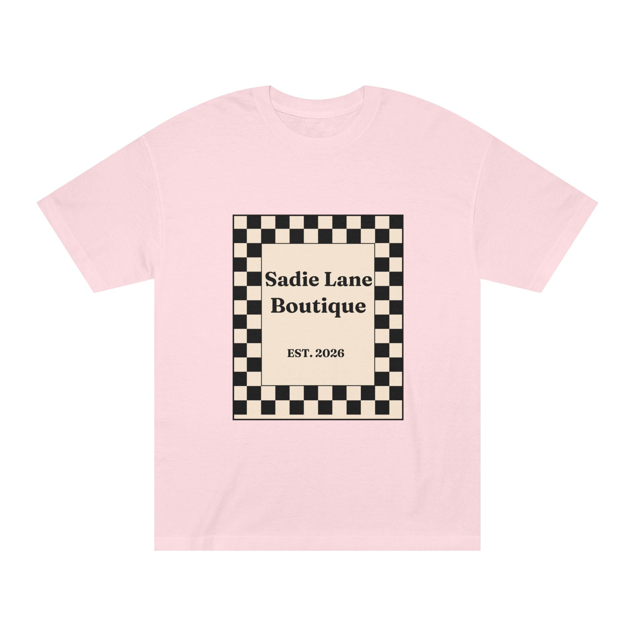 Boutique Checkerboard Tee — "Sadie Lane Boutique EST. 2026"
