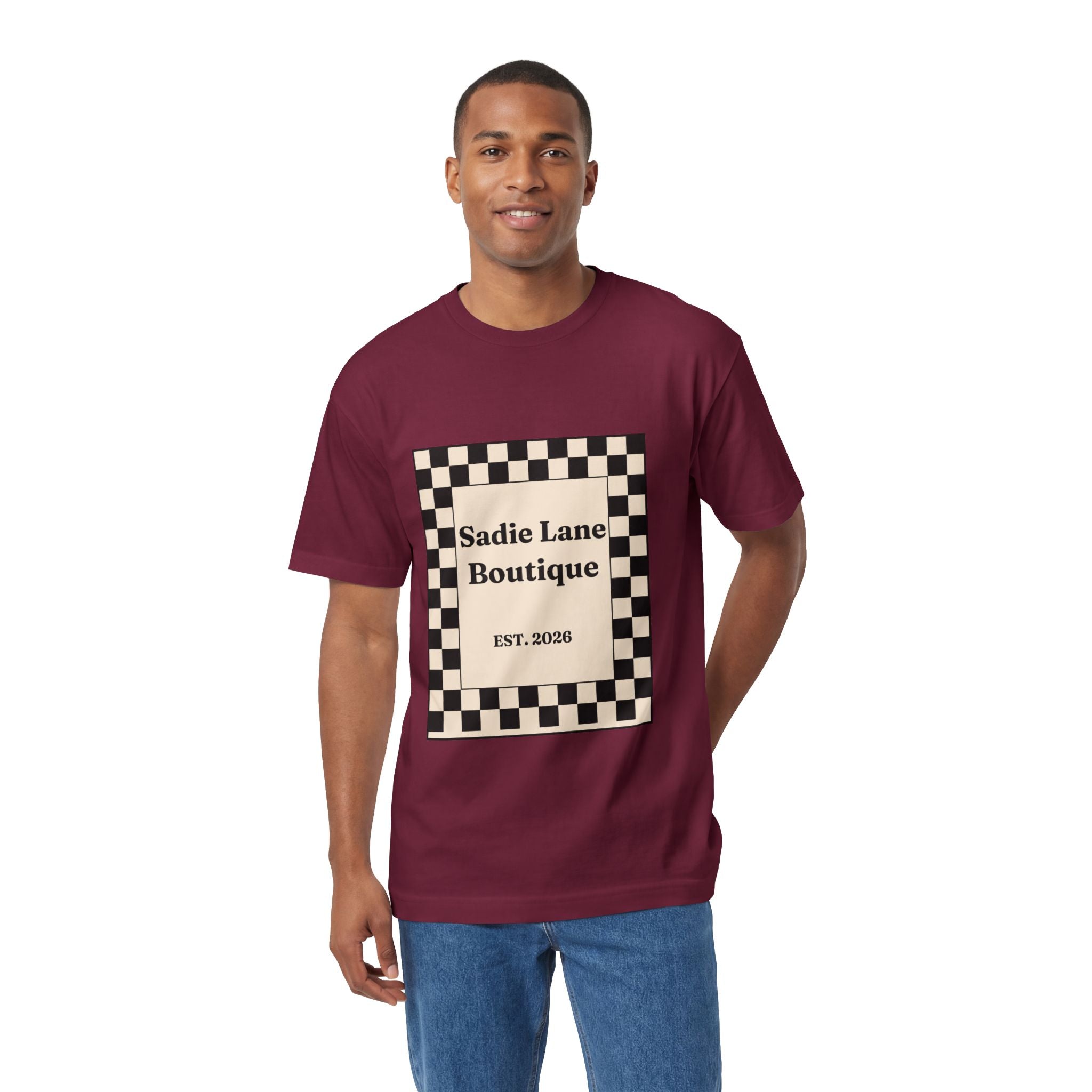 Boutique Checkerboard Tee — "Sadie Lane Boutique EST. 2026"