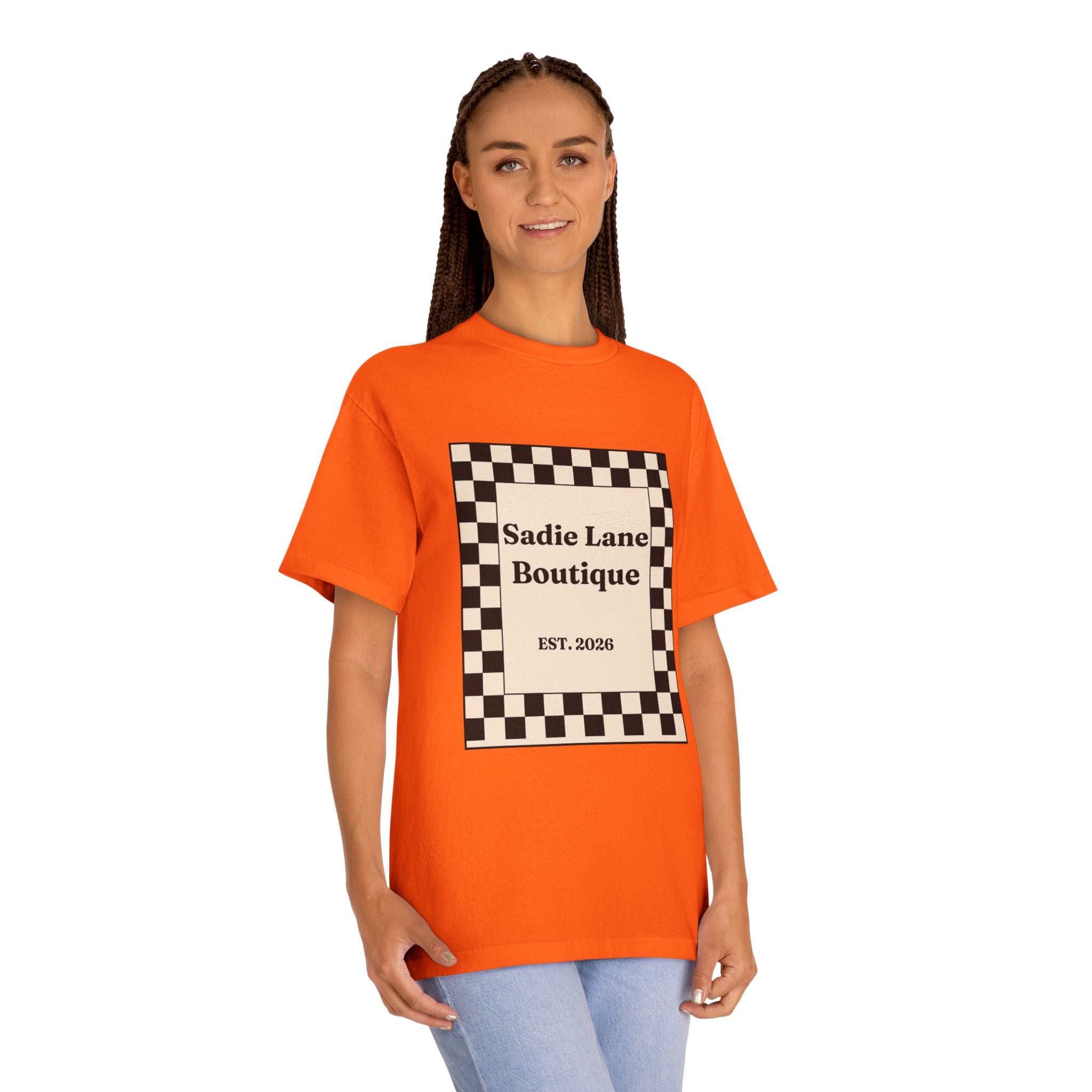 Boutique Checkerboard Tee — "Sadie Lane Boutique EST. 2026"