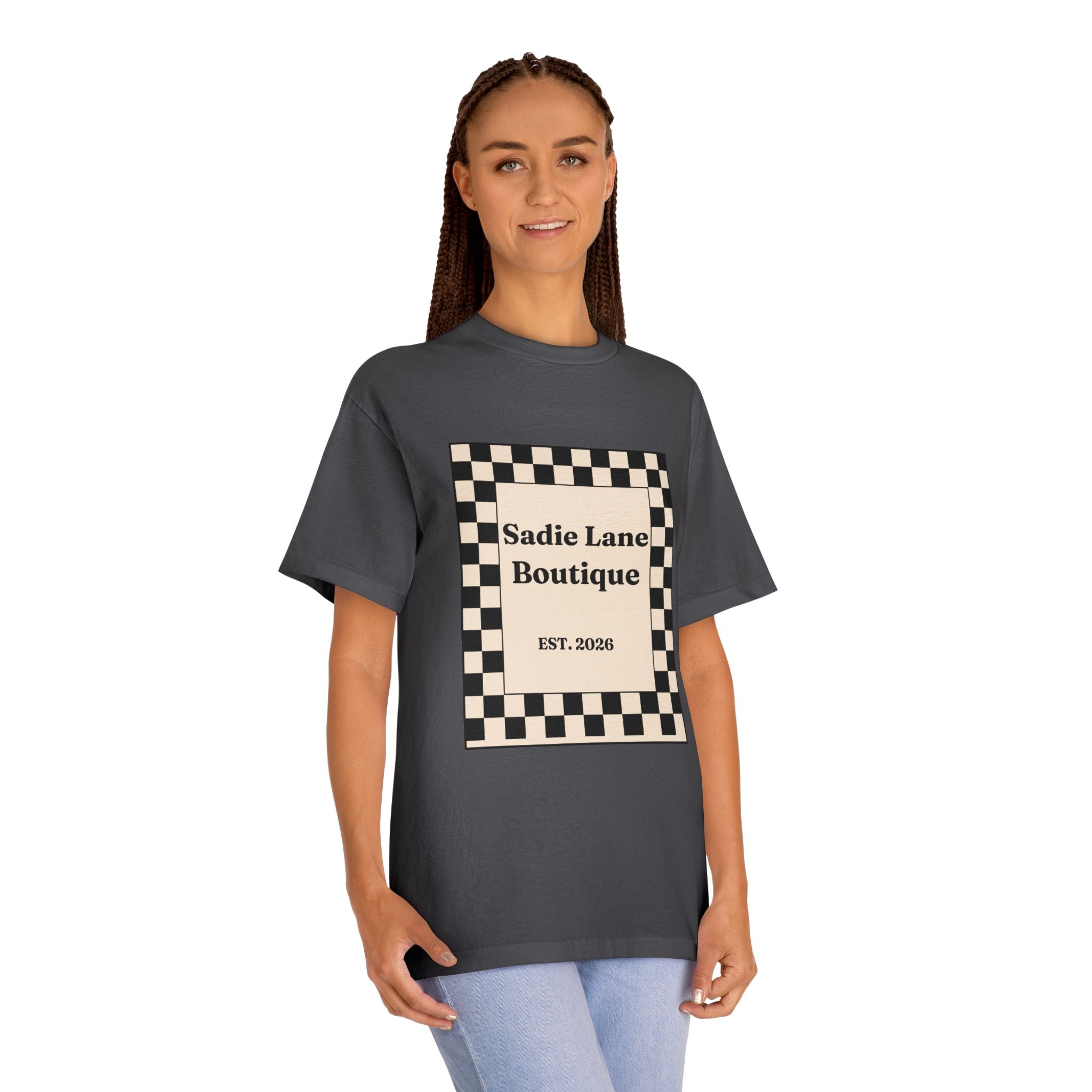 Boutique Checkerboard Tee — "Sadie Lane Boutique EST. 2026"