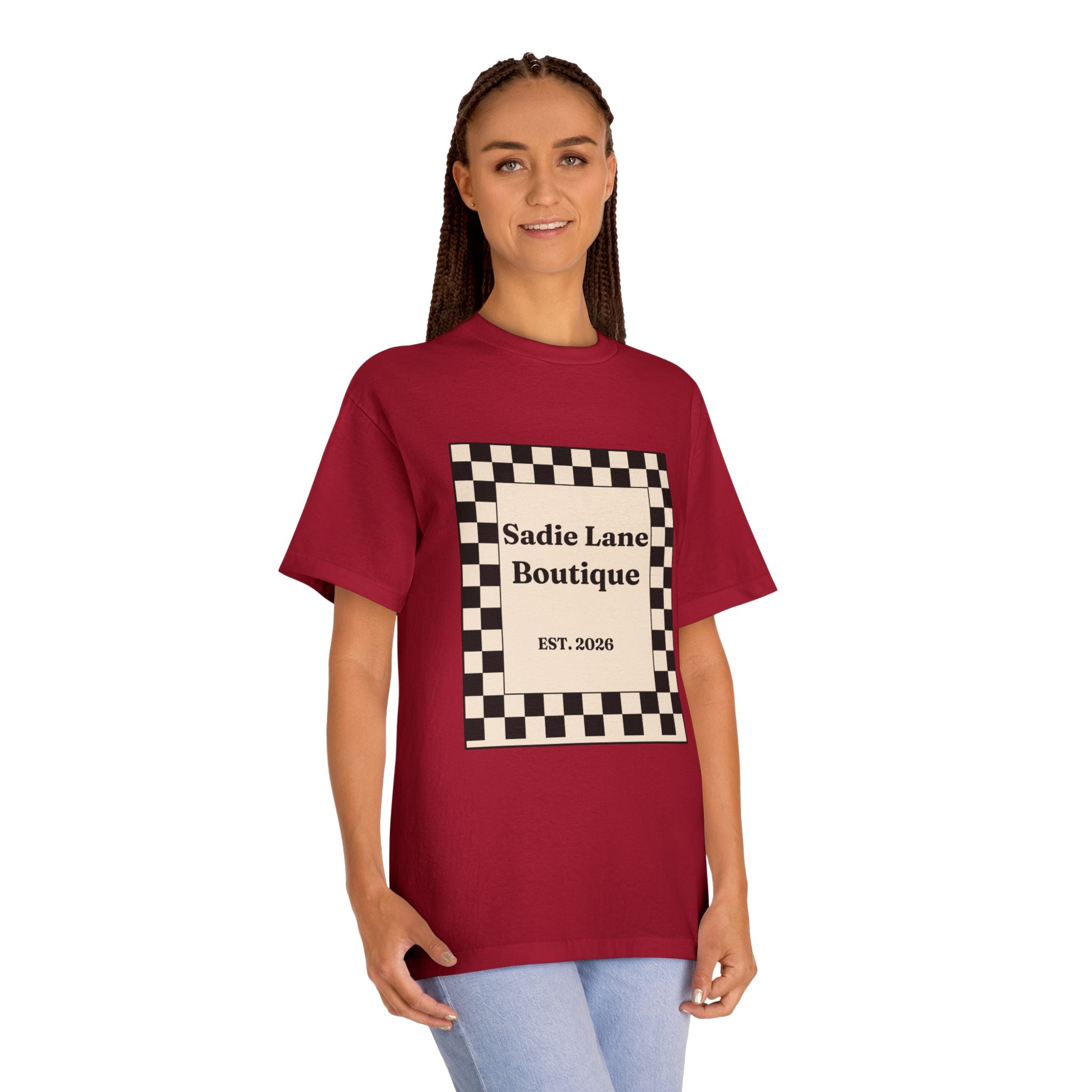 Boutique Checkerboard Tee — "Sadie Lane Boutique EST. 2026"