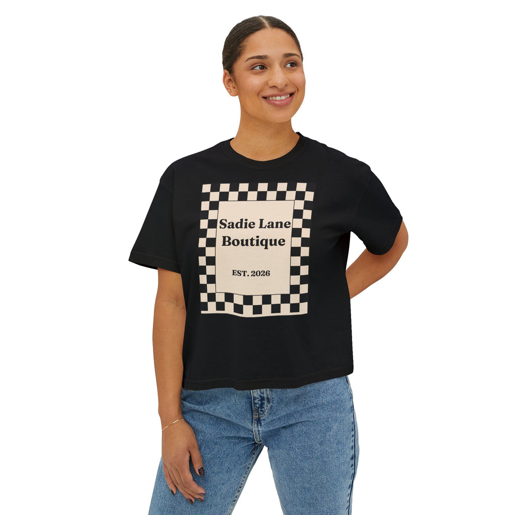 Sadie Lane Boutique Checkered Boxy Tee — Women’s Vintage Logo Crop Shirt