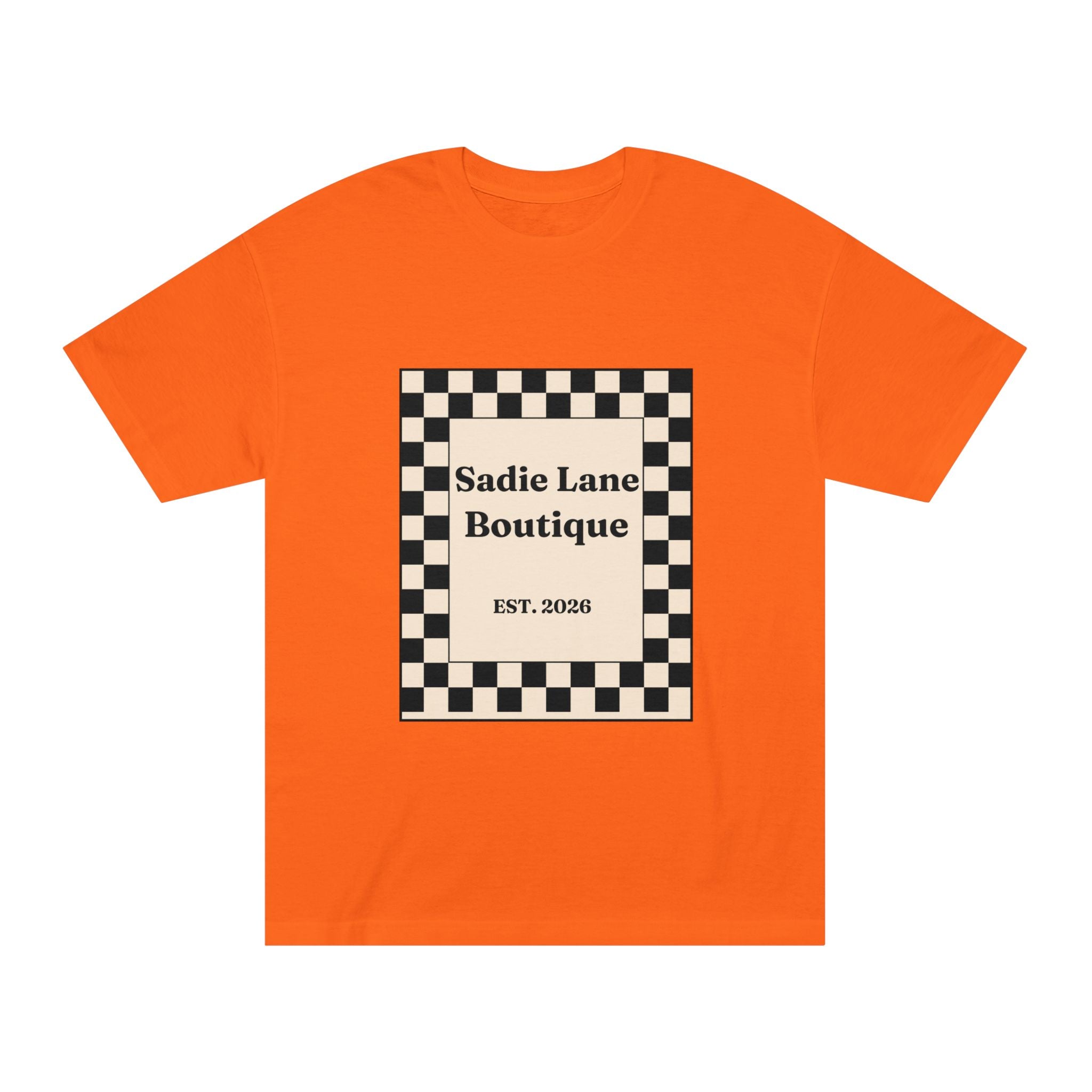 Boutique Checkerboard Tee — "Sadie Lane Boutique EST. 2026"