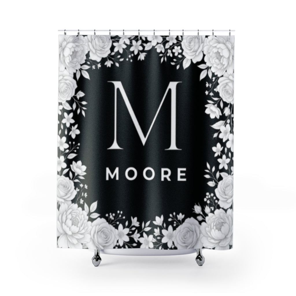 Monogram Floral Shower Curtain — Personalized Initial 'M' with Moore Name, Elegant Black & White Bathroom Decor