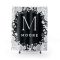Monogram Floral Shower Curtain — Personalized Initial 'M' with Moore Name, Elegant Black & White Bathroom Decor