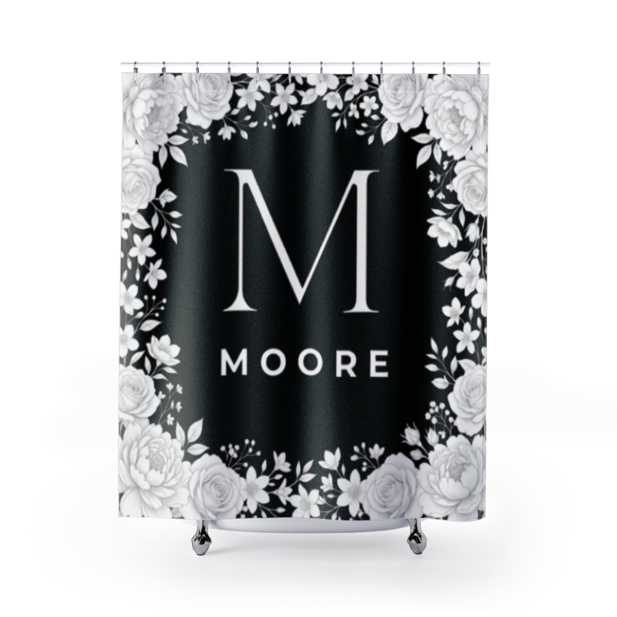 Monogram Floral Shower Curtain — Personalized Initial 'M' with Moore Name, Elegant Black & White Bathroom Decor