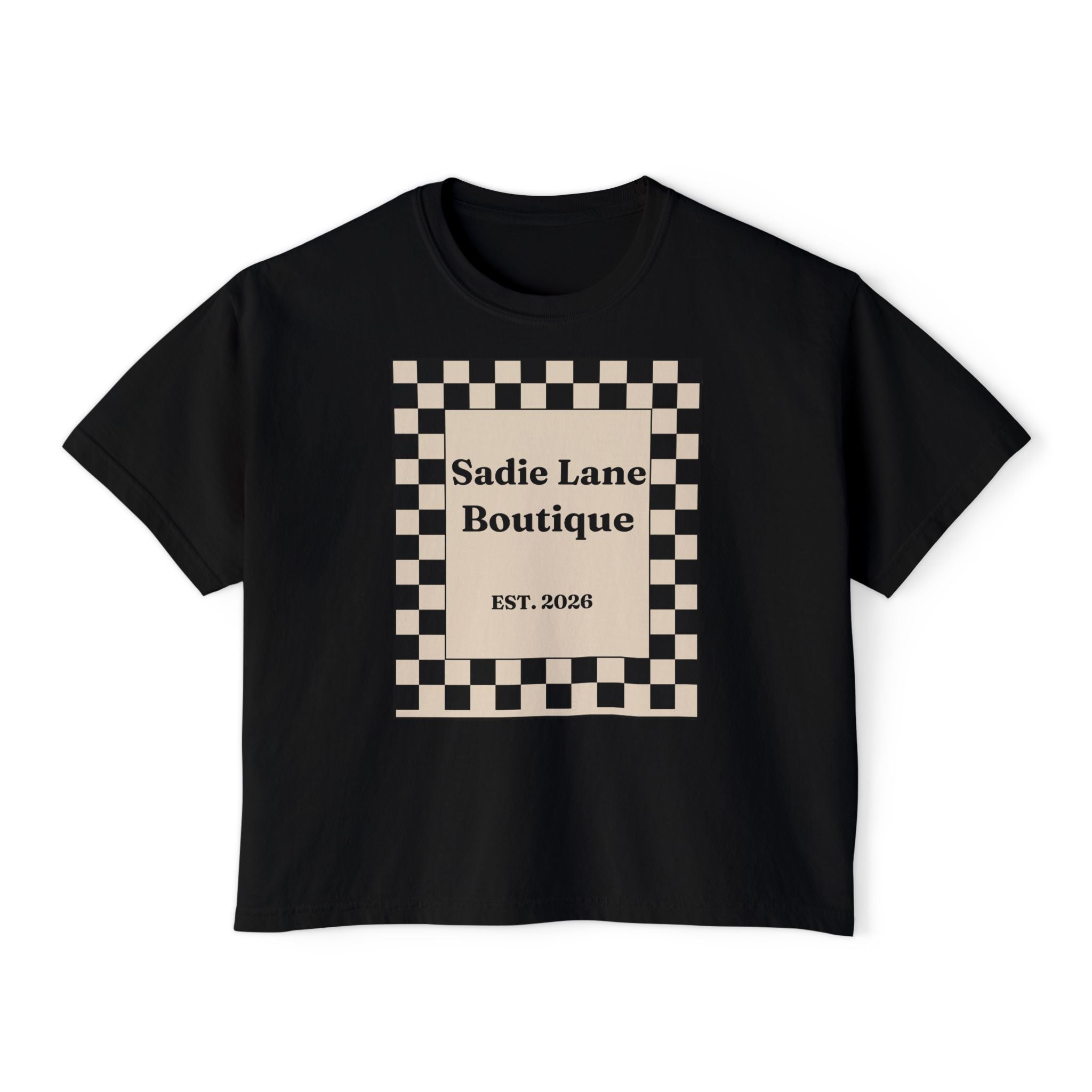 Sadie Lane Boutique Checkered Boxy Tee — Women’s Vintage Logo Crop Shirt