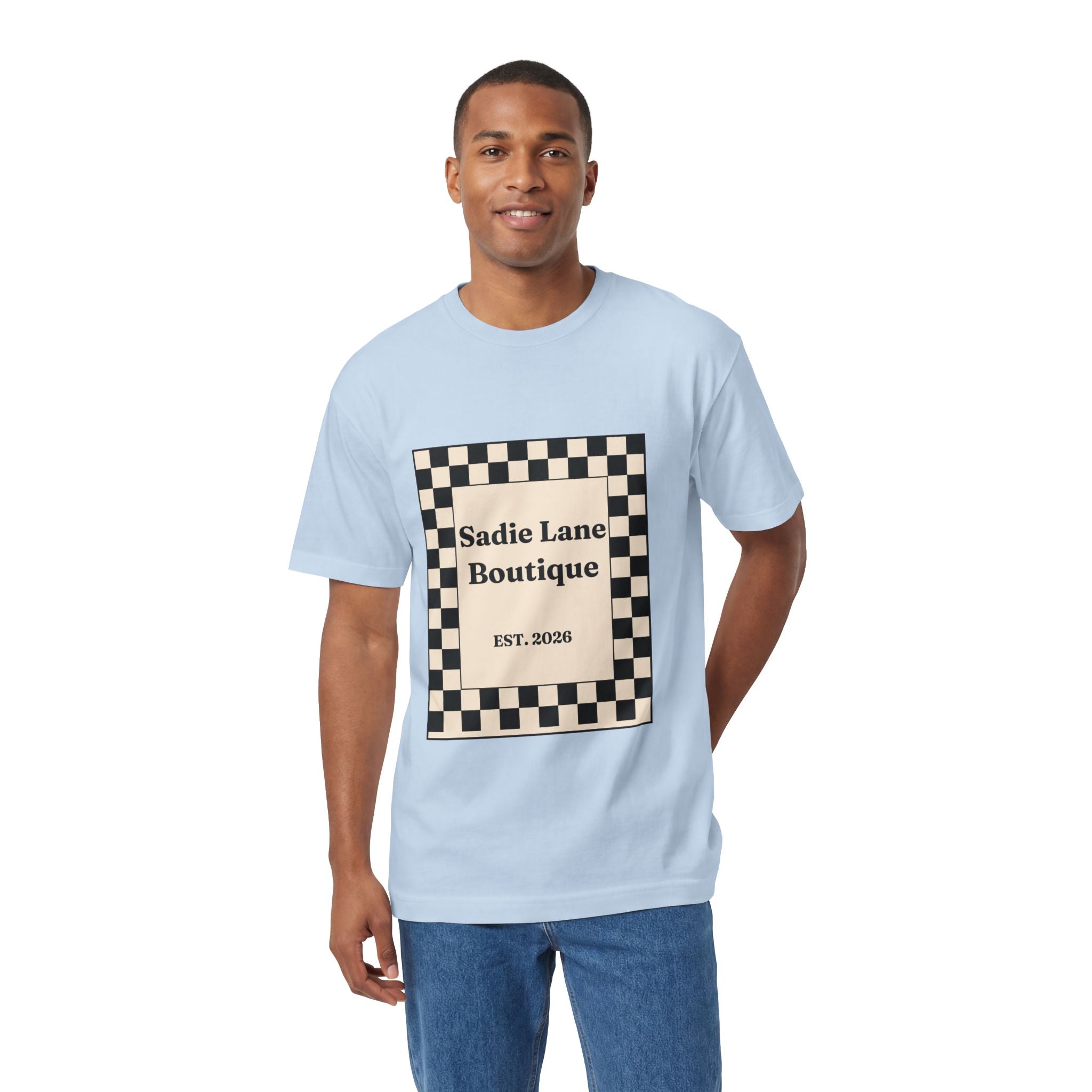 Boutique Checkerboard Tee — "Sadie Lane Boutique EST. 2026"