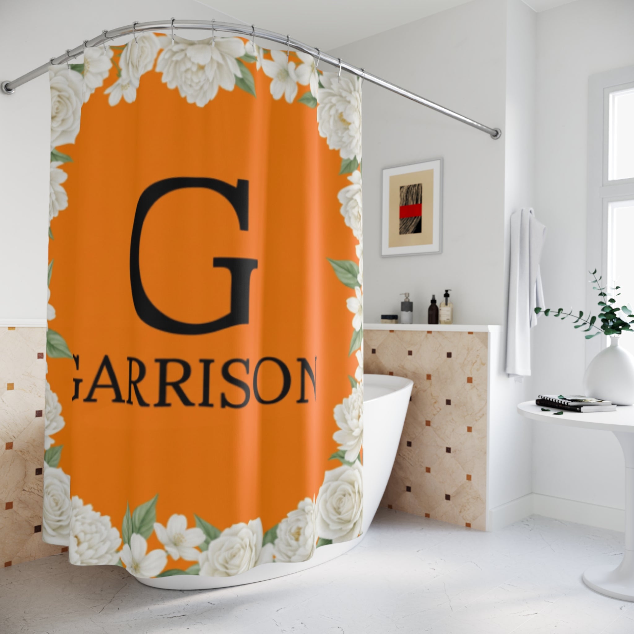 Monogram Shower Curtain — Orange Floral Initial 'G' with 'Garrison' Custom Name