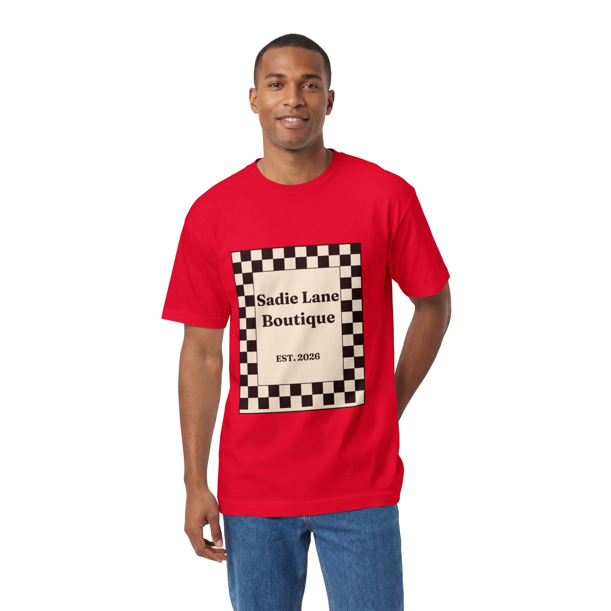 Boutique Checkerboard Tee — "Sadie Lane Boutique EST. 2026"
