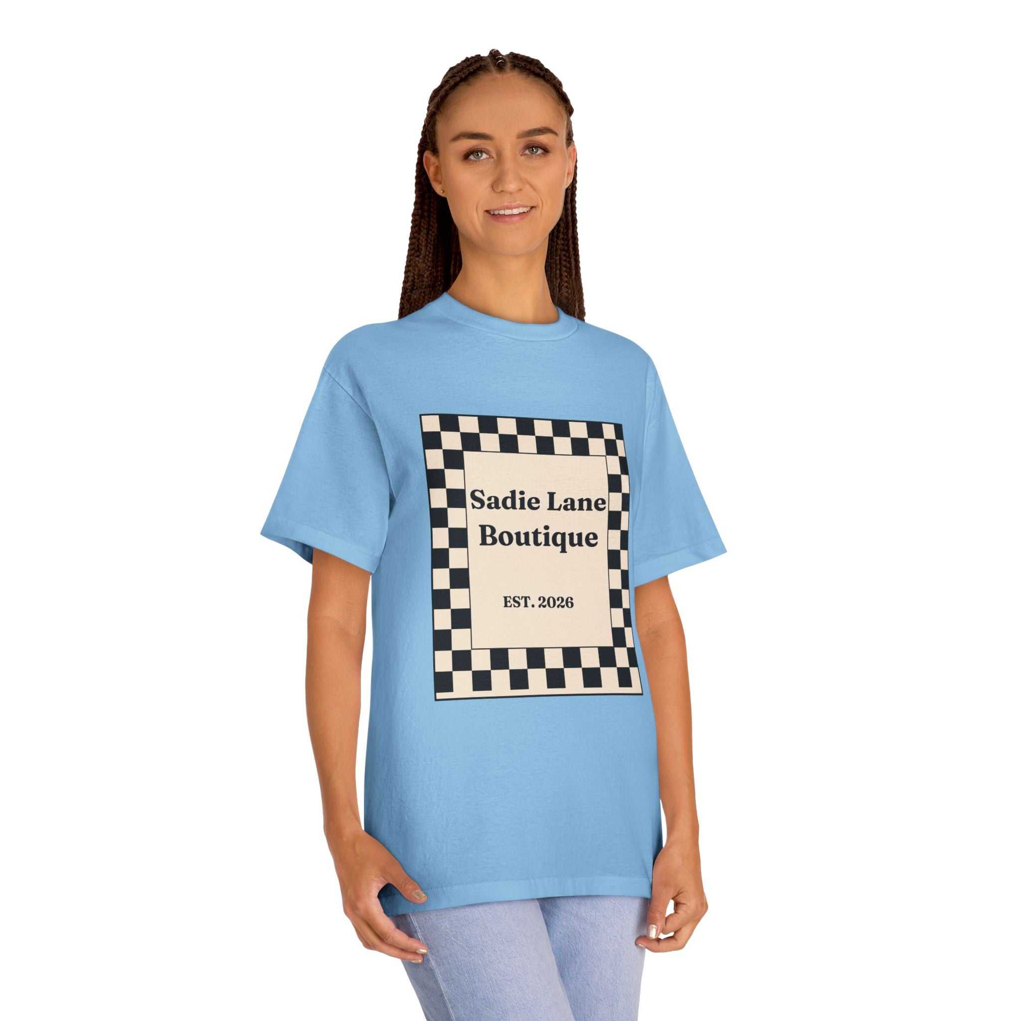 Boutique Checkerboard Tee — "Sadie Lane Boutique EST. 2026"