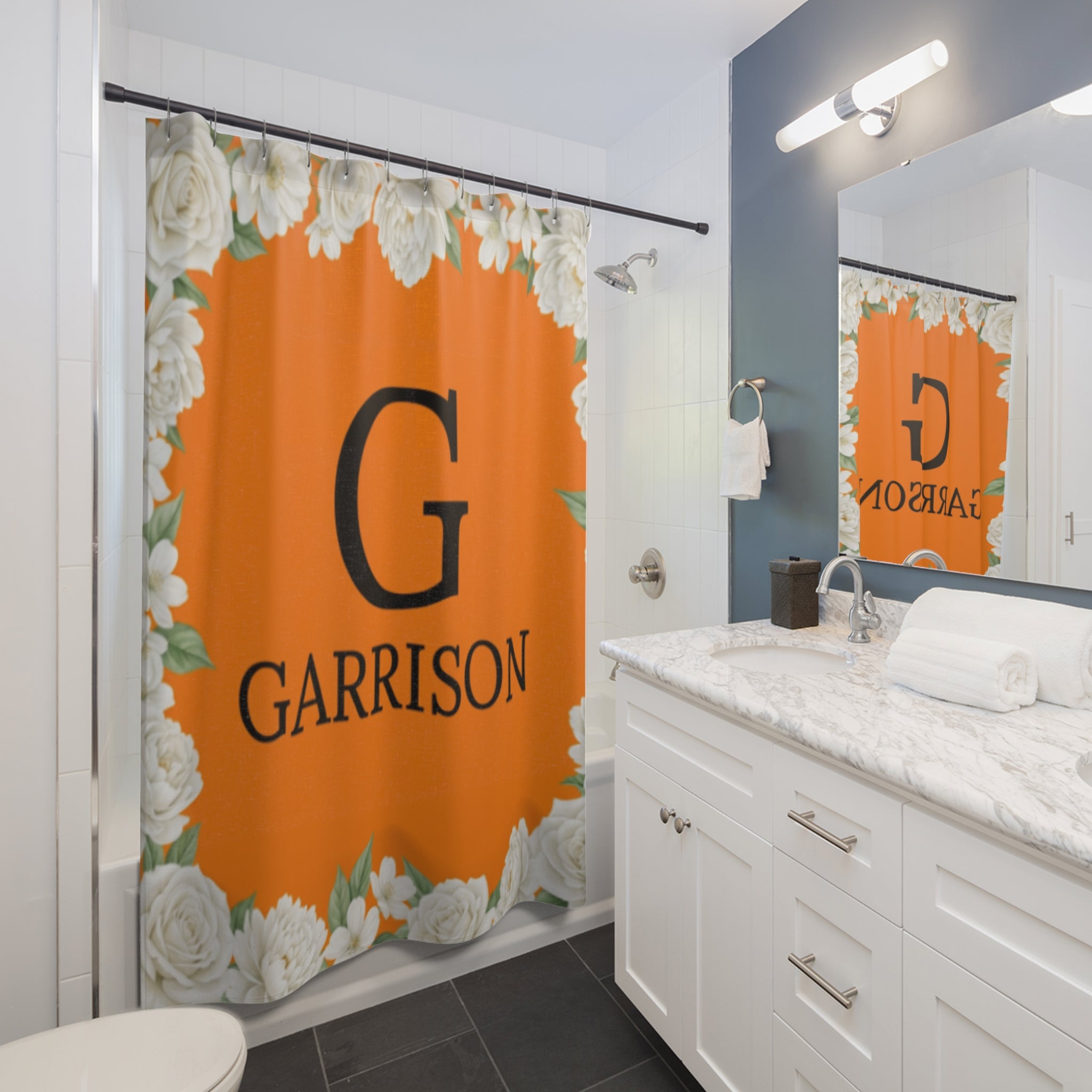 Monogram Shower Curtain — Orange Floral Initial 'G' with 'Garrison' Custom Name