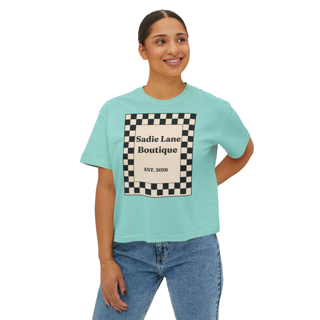 Sadie Lane Boutique Checkered Boxy Tee — Women’s Vintage Logo Crop Shirt